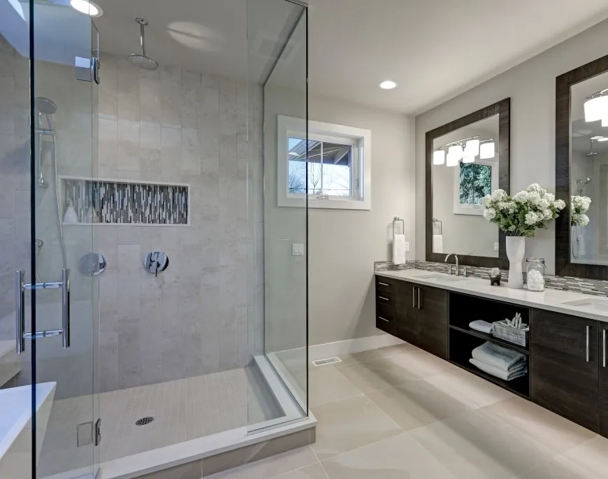 Remodeled bathroom with modern tile and fixtures