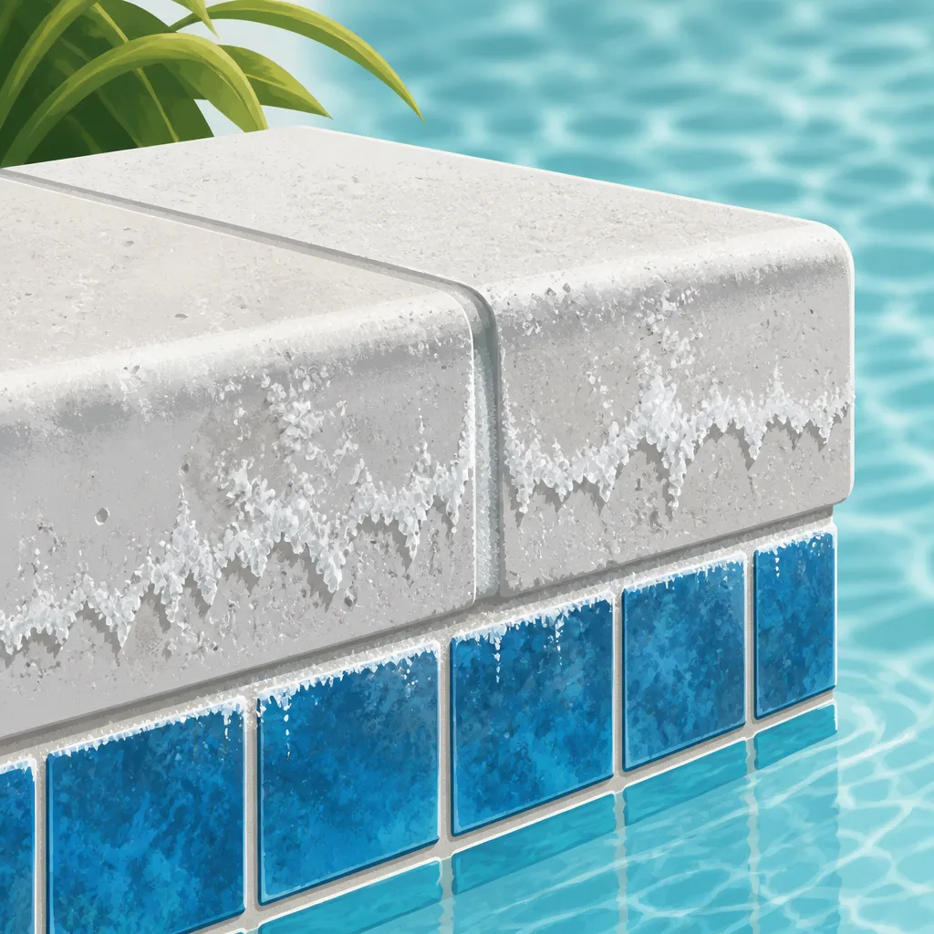 Salt deposits and efflorescence are common in coastal Sarasota pools; regular chemical balancing and sealing prevent deeper damage.