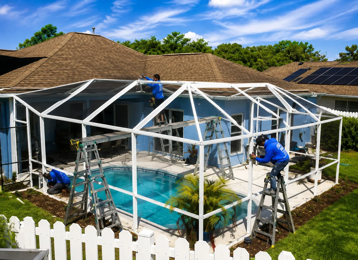 Crew on ladders prepping a stripped white pool cage frame with all screens removed