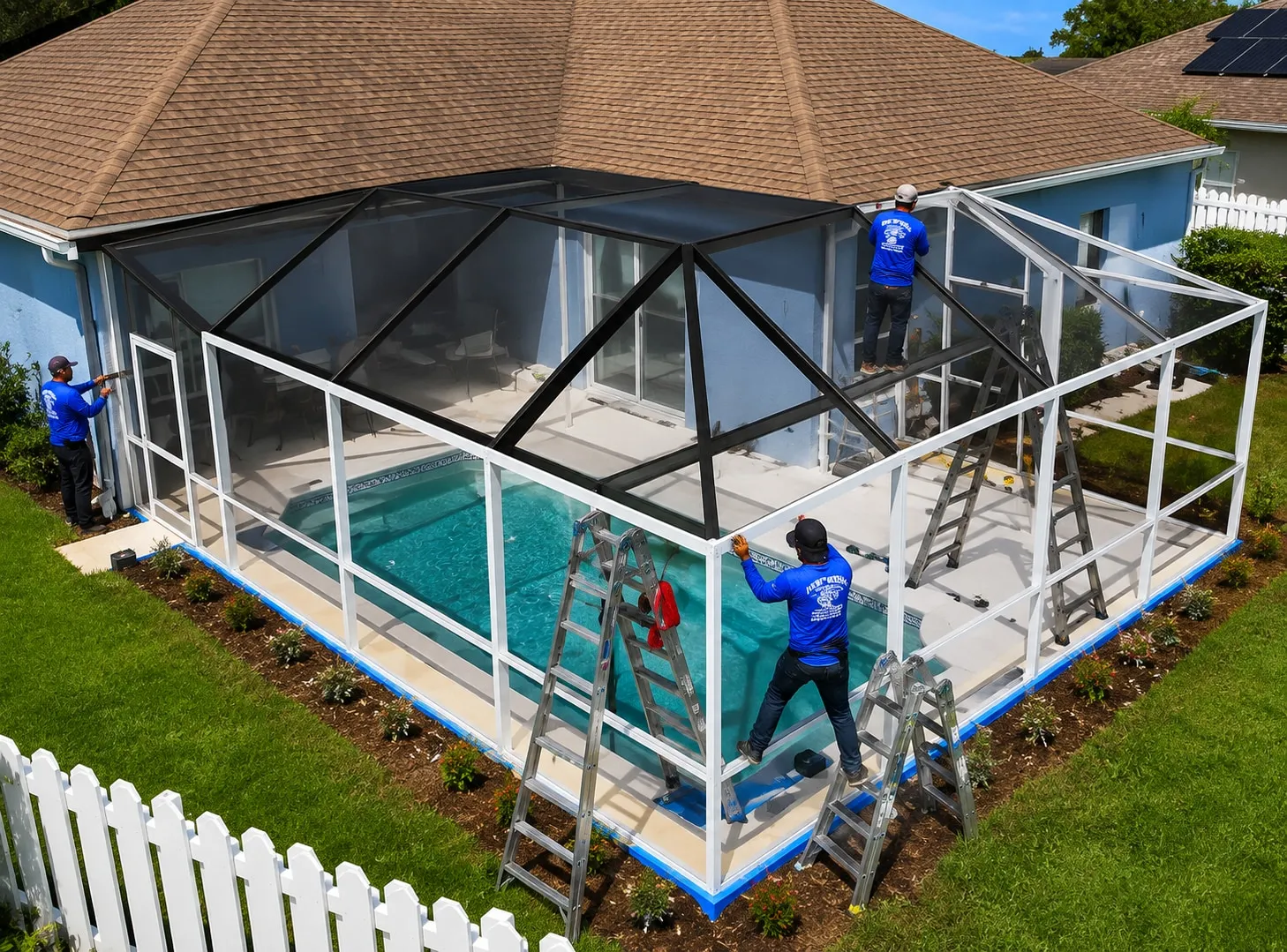 Workers repainting a pool cage frame white over a fully covered pool