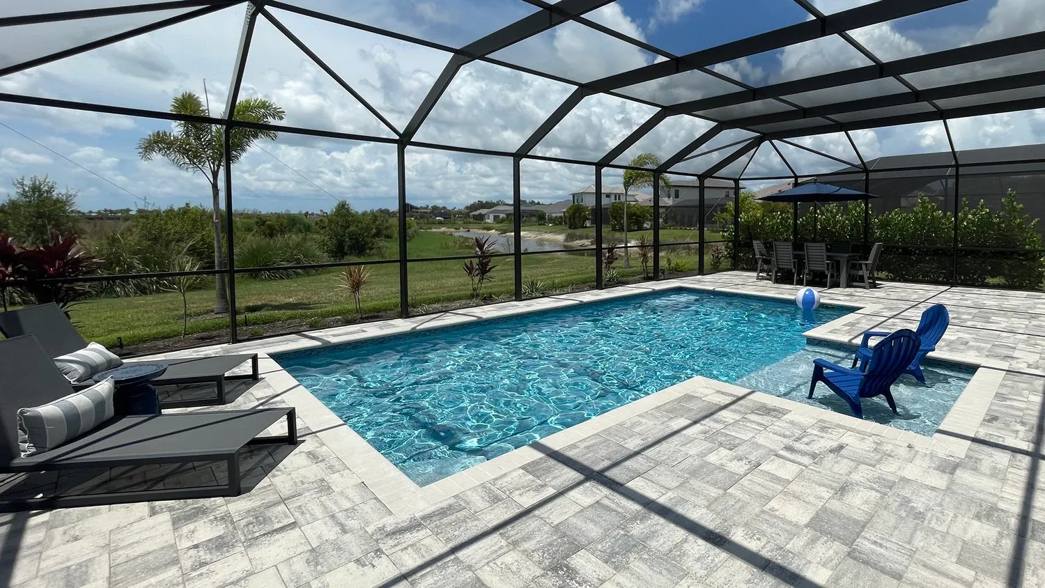 Newly built swimming pool with screen enclosure