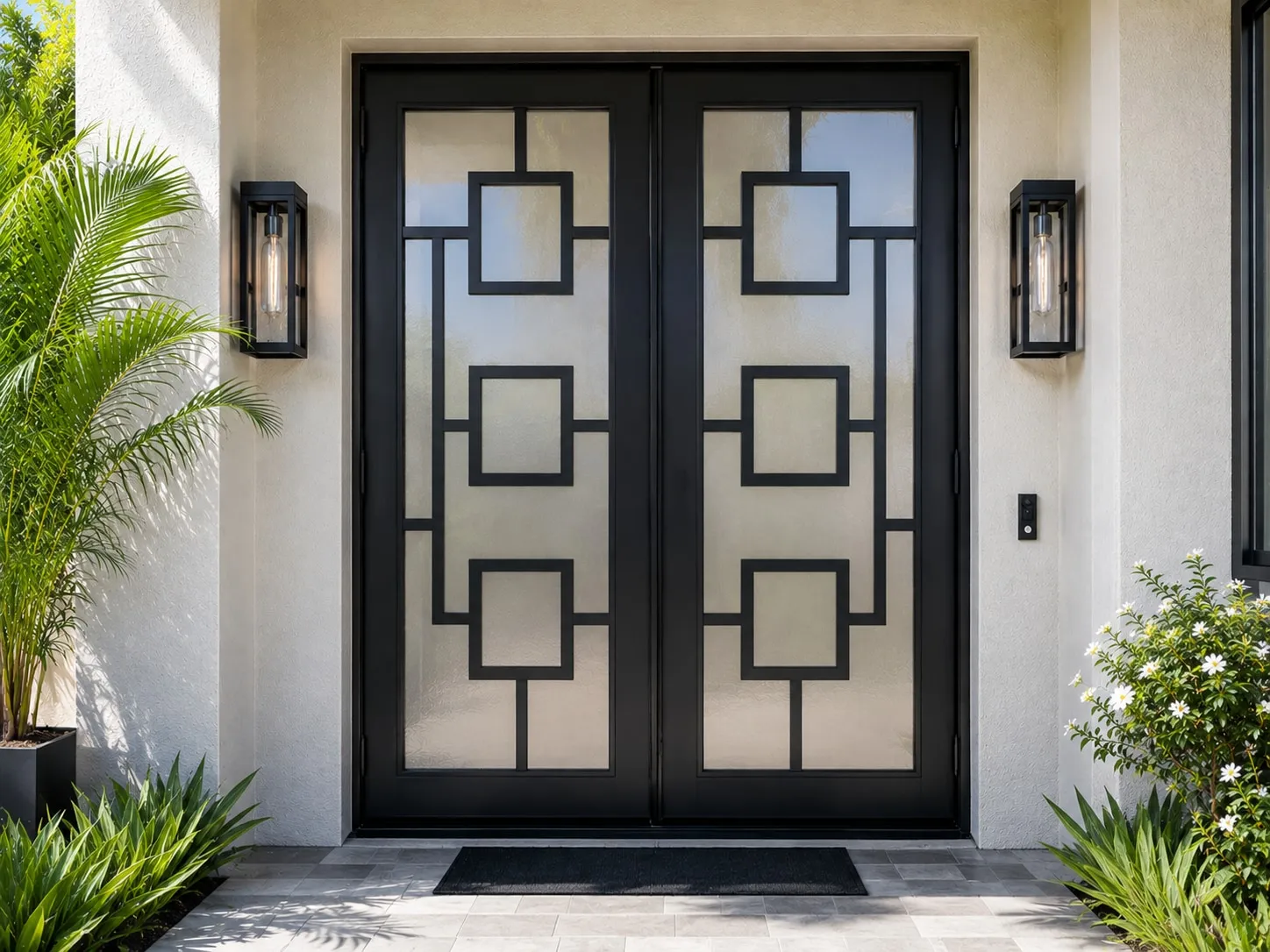 Pair of black aluminum design doors with a geometric square-pattern screen insert