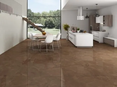 Large-format tile flooring installed in an open-plan interior