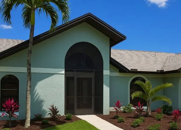 Completed front entry screen enclosure with arched design enhancing curb appeal on a Florida home