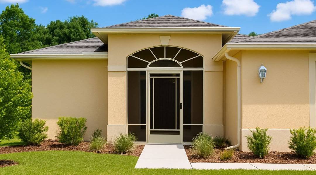 Front entry screen enclosure on a Florida home providing insect protection, privacy, and improved curb appeal