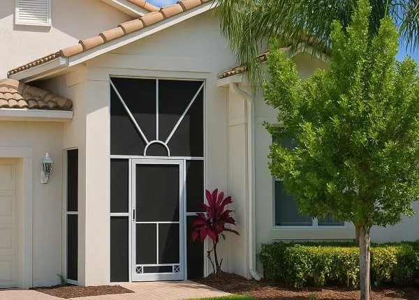 Front entry screen enclosure on a Florida home featuring white aluminum frame and custom door design
