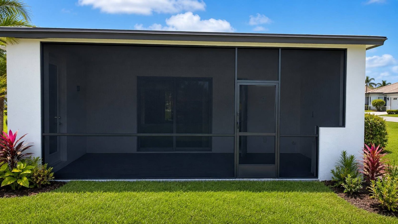 Flat-roof screened porch with dark mesh panels and an aluminum screen door on a modern Florida home