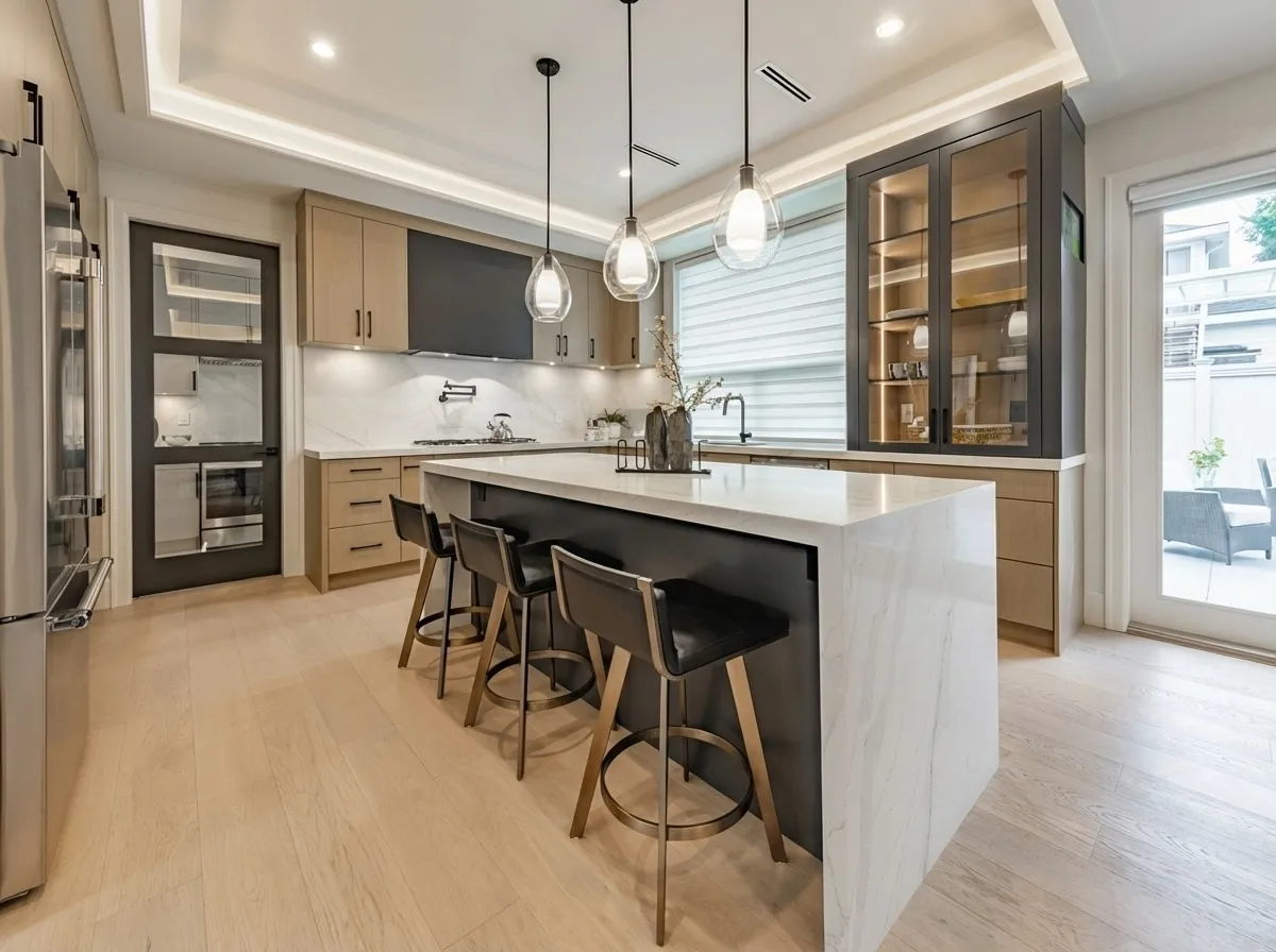 Kitchen with marble waterfall island, black bar stools, and glass display cabinets