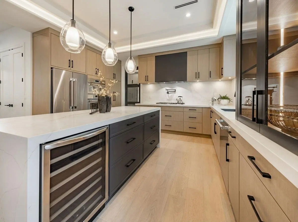 Kitchen remodel with quartz island, built-in wine fridge, and cove-lit tray ceiling