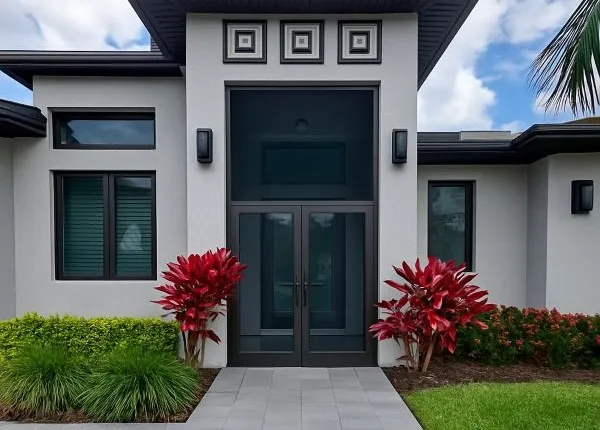 Modern front entry screen enclosure with gray pavers and tropical landscaping at a Sarasota home