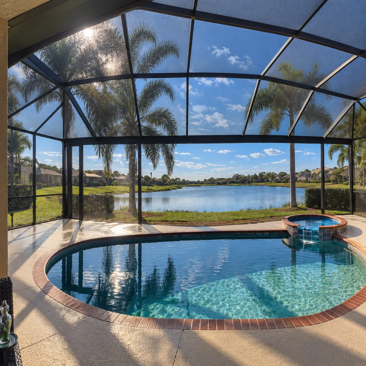 Panoramic screen enclosure seen from inside, its wide panels opening onto a pool, spa and lake with almost no vertical bars