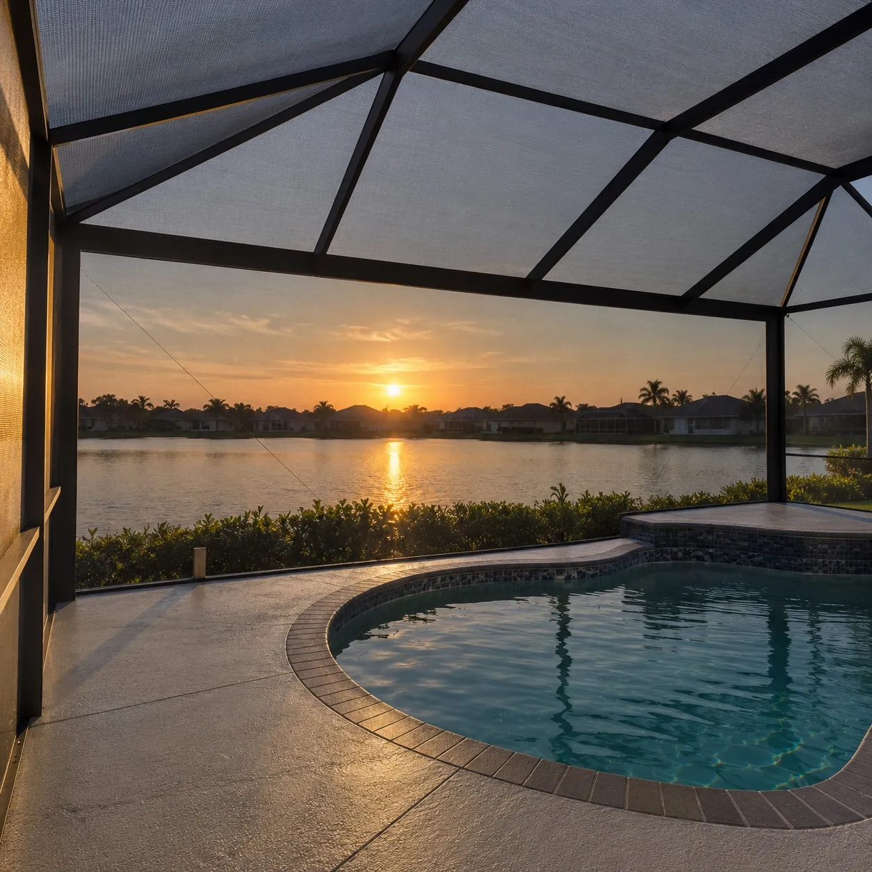 Panoramic screen enclosure at sunset, its wide panels framing the lake beyond a pool and spa