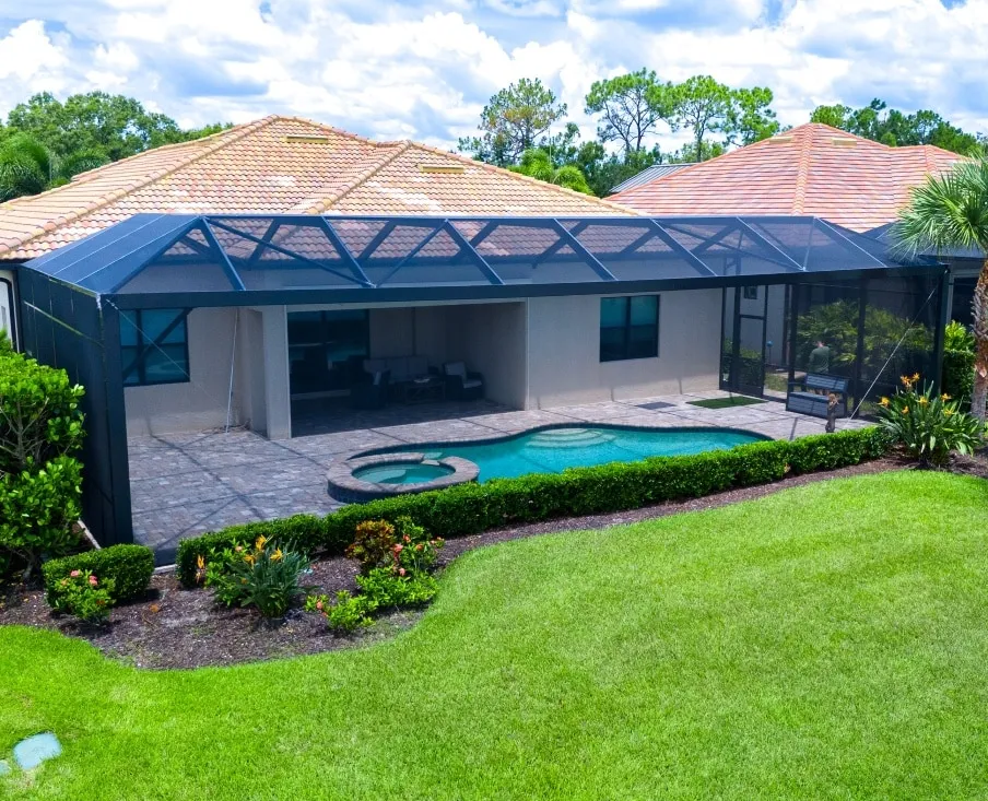 Panoramic view pool cage in Florida