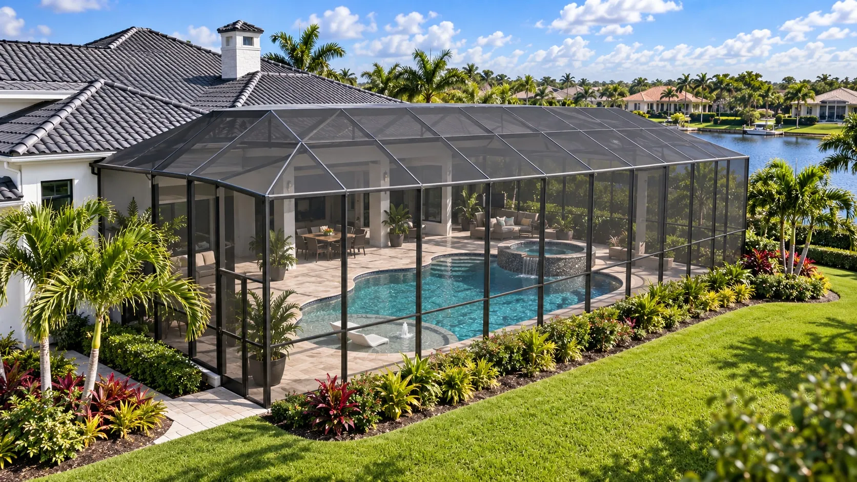 Panoramic screen enclosure with wide panels over a pool and spa at a Florida lakefront home