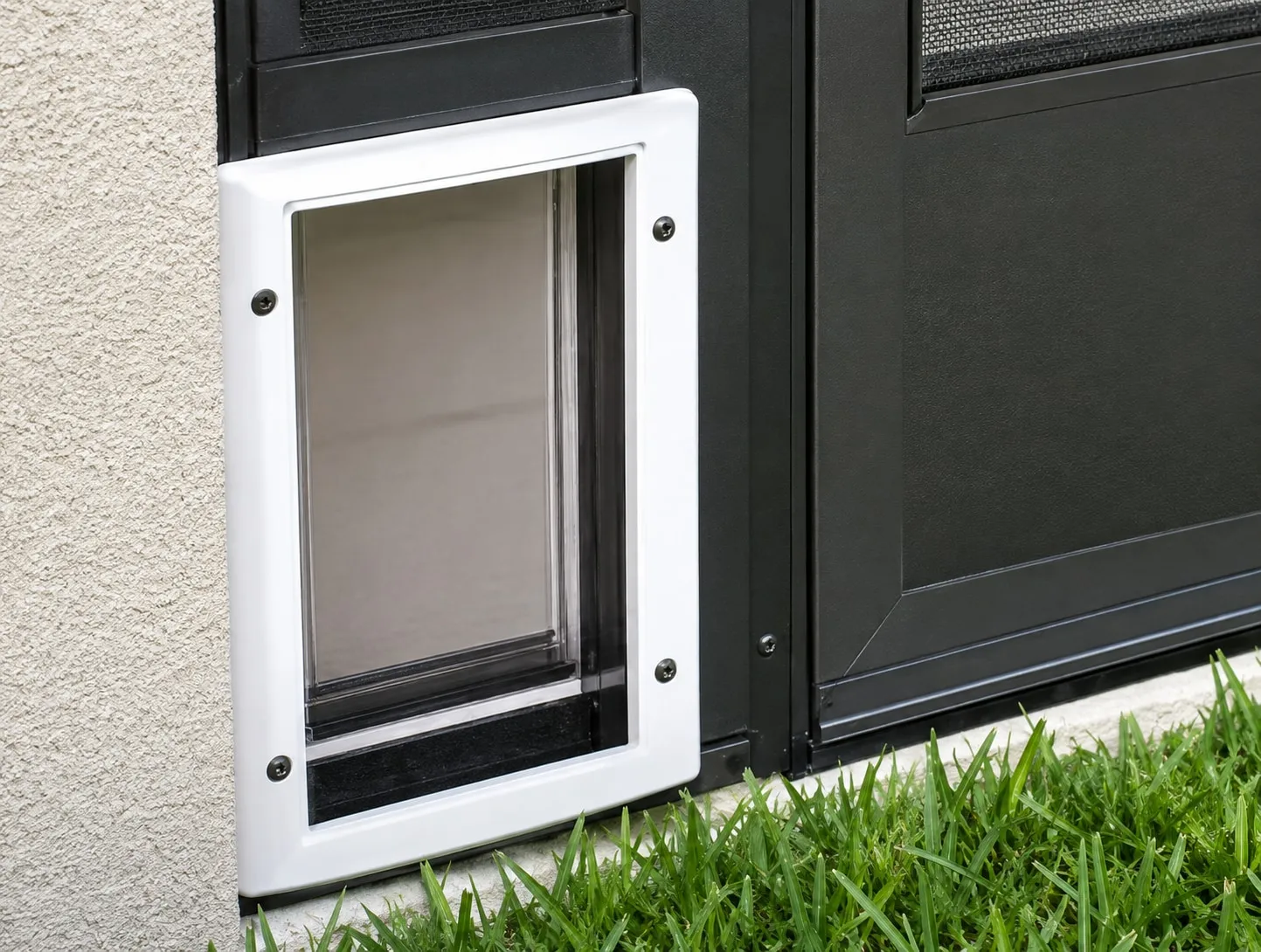White aluminum pet door installed in the lower kick plate of a screen enclosure door