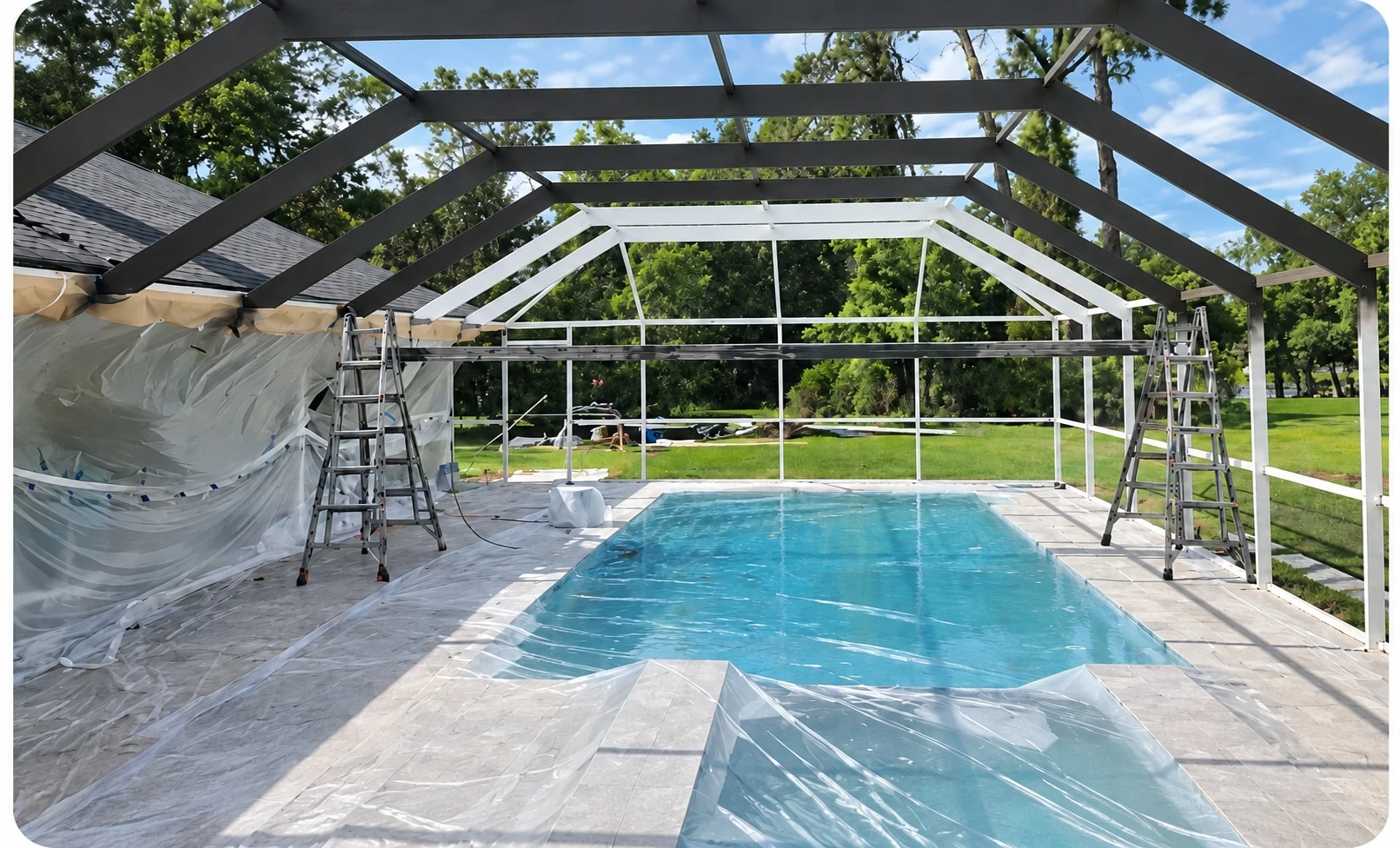The same cage mid-restoration: roof beams repainted dark, the pool and patio covered in protective sheeting, ladders in place
