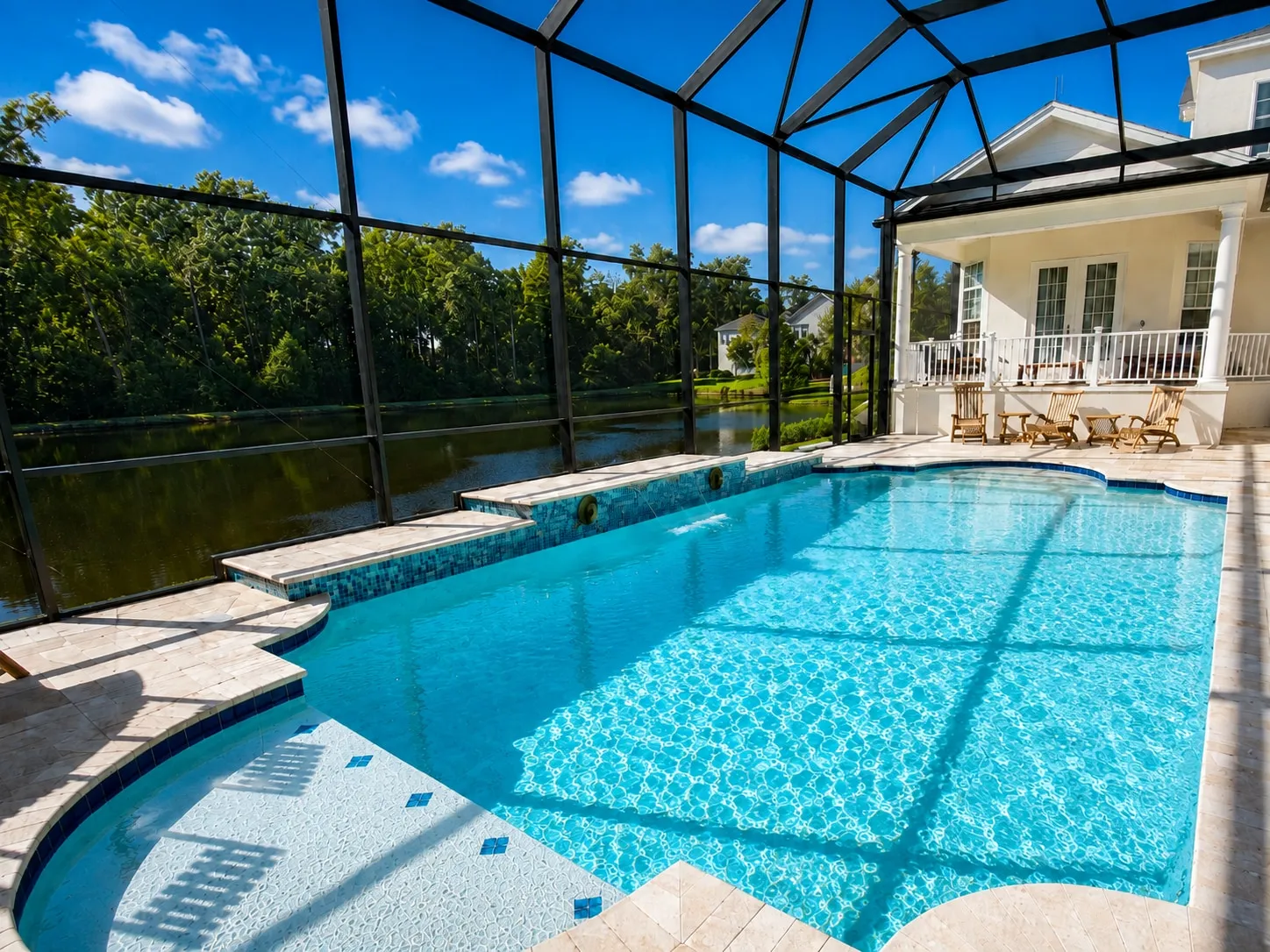 Screen-enclosed swimming pool with travertine deck overlooking a lake in Florida