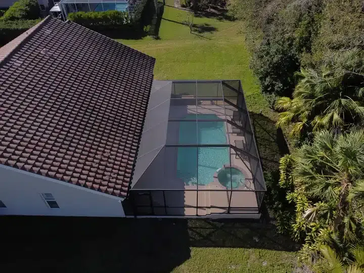 Pool screen repair completed — new mesh installed after Hurricane Helene damage in Sarasota Florida