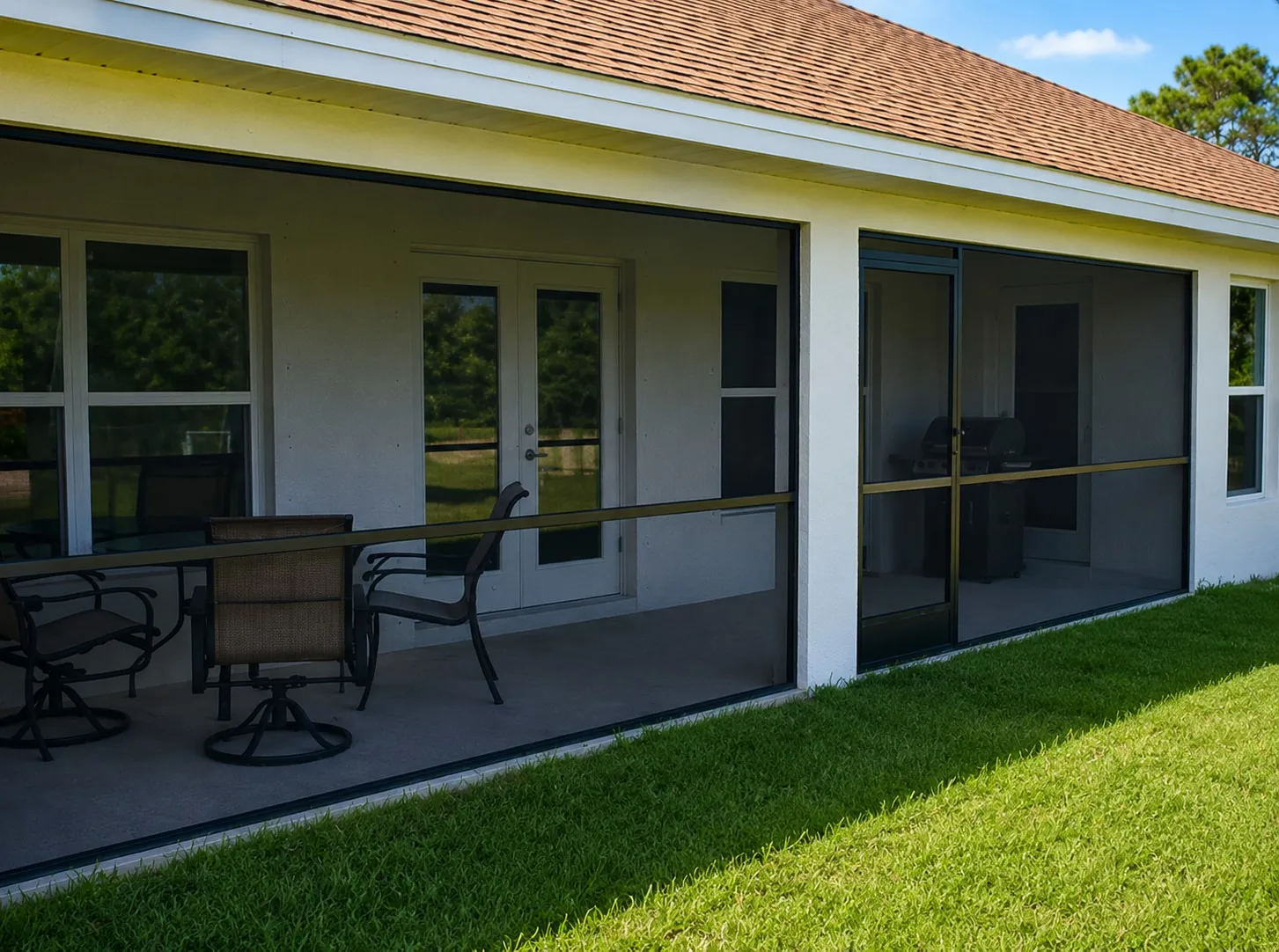 The same patio fully screened edge to edge with dark mesh and a bronze mid-rail