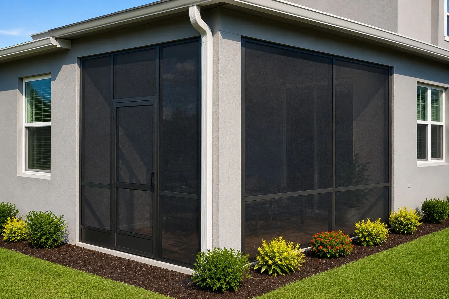 Screened patio corner with a full-view door and dark mesh on a gray two-story Florida home