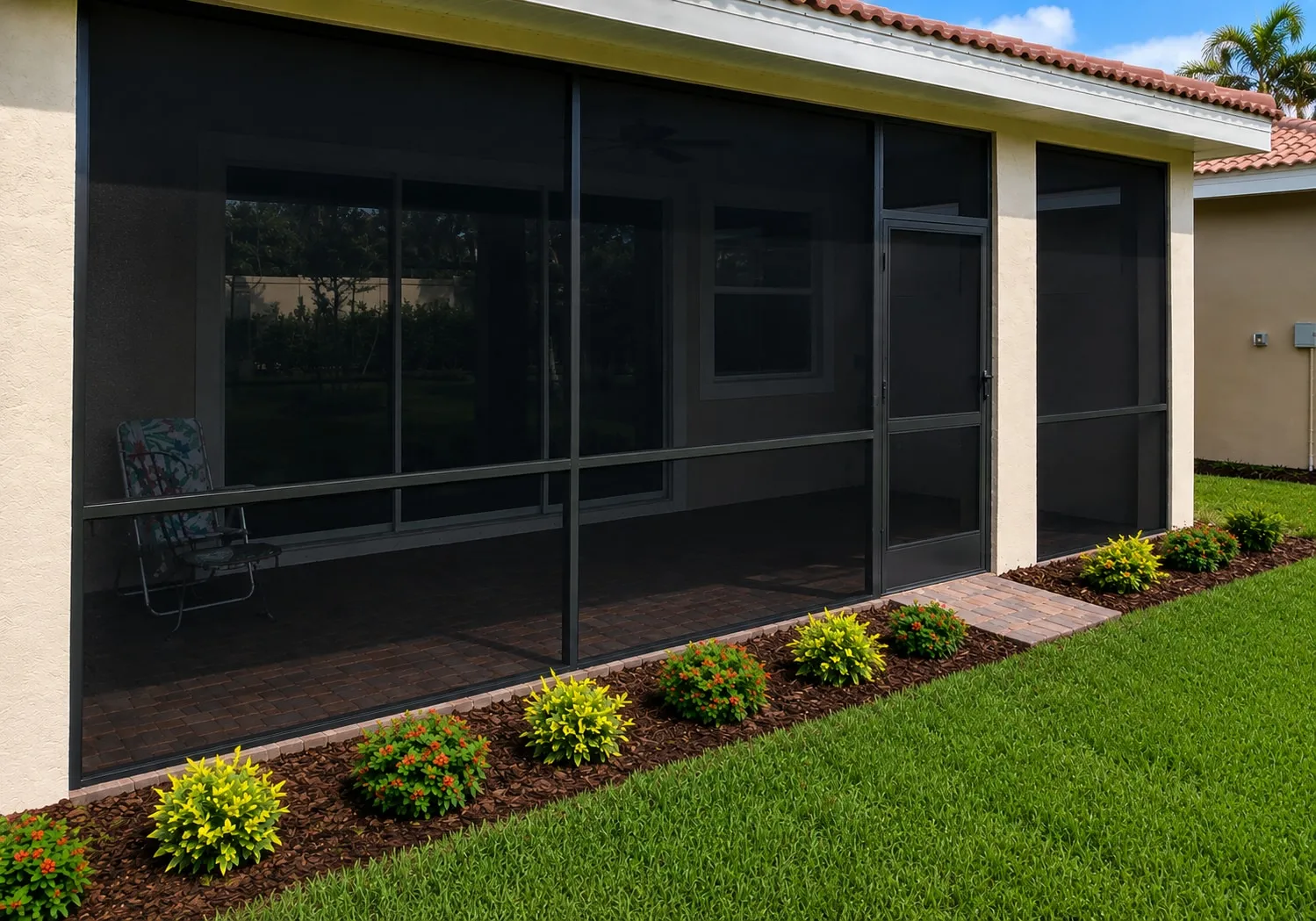 The same patio screened in with black mesh panels and an aluminum screen door