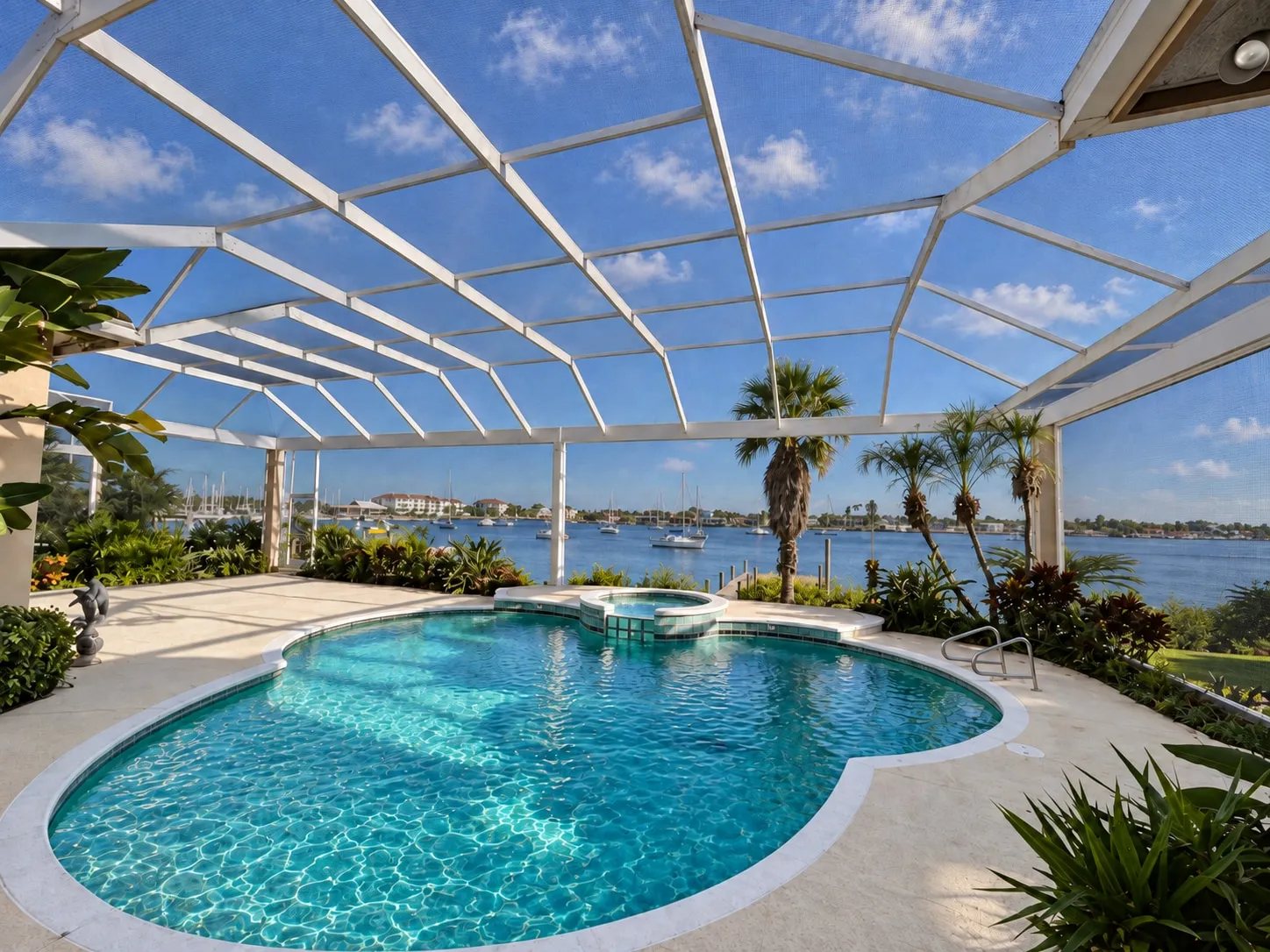 Freeform pool and spa under a white screen enclosure, looking out to a Florida waterfront