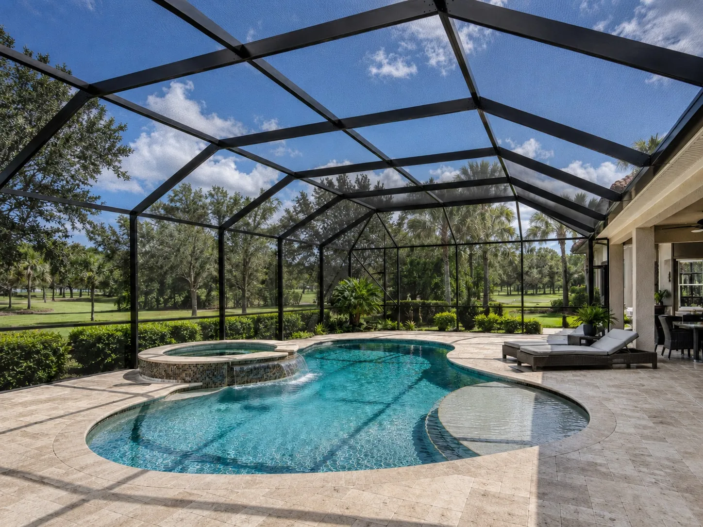 Inside a rescreened pool cage in Sarasota — new mesh roof panels above a pool with rock waterfall spa