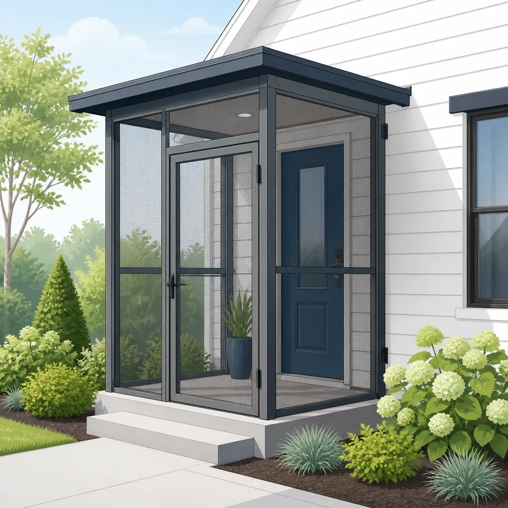 A properly installed front entry enclosure provides weather protection and insect barrier while maintaining code compliance for egress, ventilation, and HOA aesthetics.
