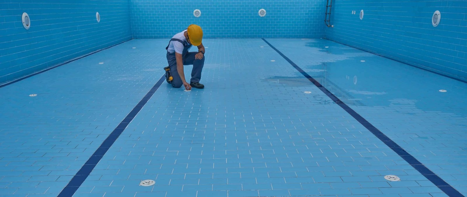 Worker in a hard hat inspecting the tile floor of a drained swimming pool before resurfacing