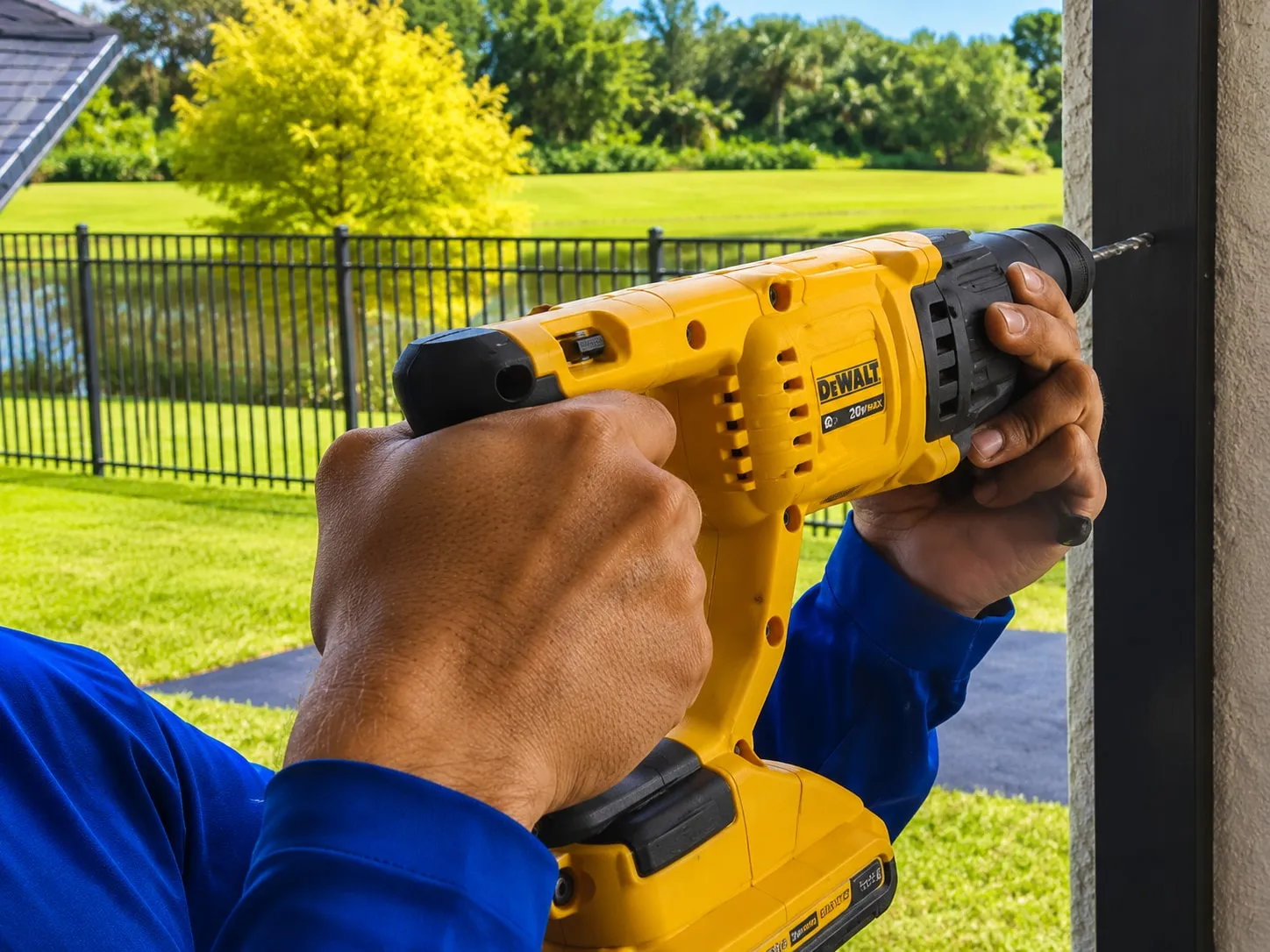 Technician fastening an aluminum pool cage post with a cordless drill