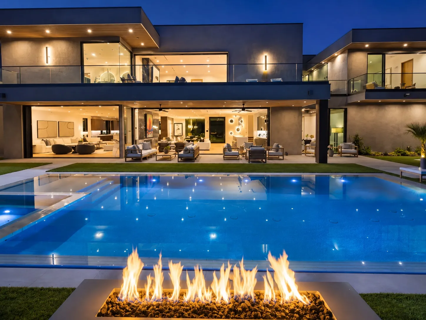 Luxury custom swimming pool with fire feature at dusk